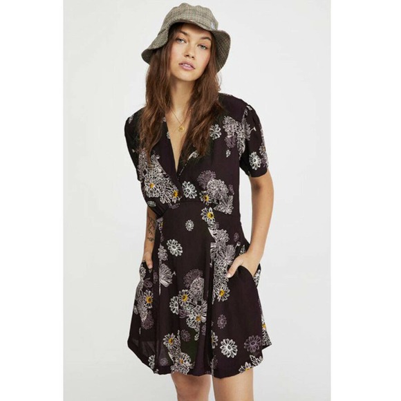 Free People Blue Hawaii Mini Dress Black Floral S - Picture 1 of 10